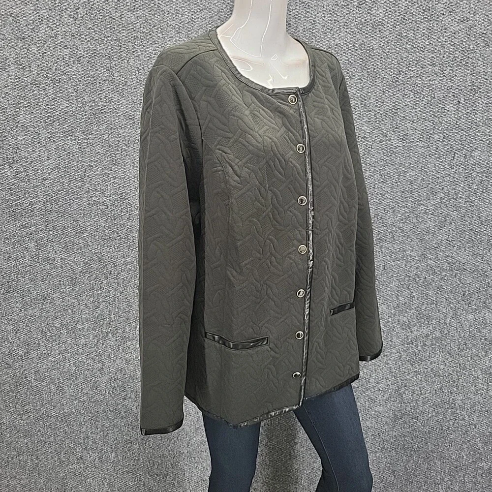 Isaac Mizrahi Live Quilted Knit Jacket Faux Leather Trim 3X Plus Size Graphite